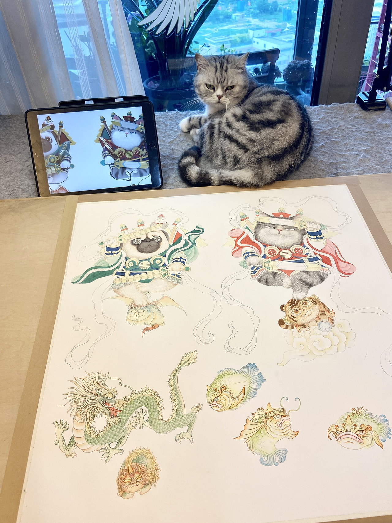 吾皇万睡&八仙九猫.门神插画