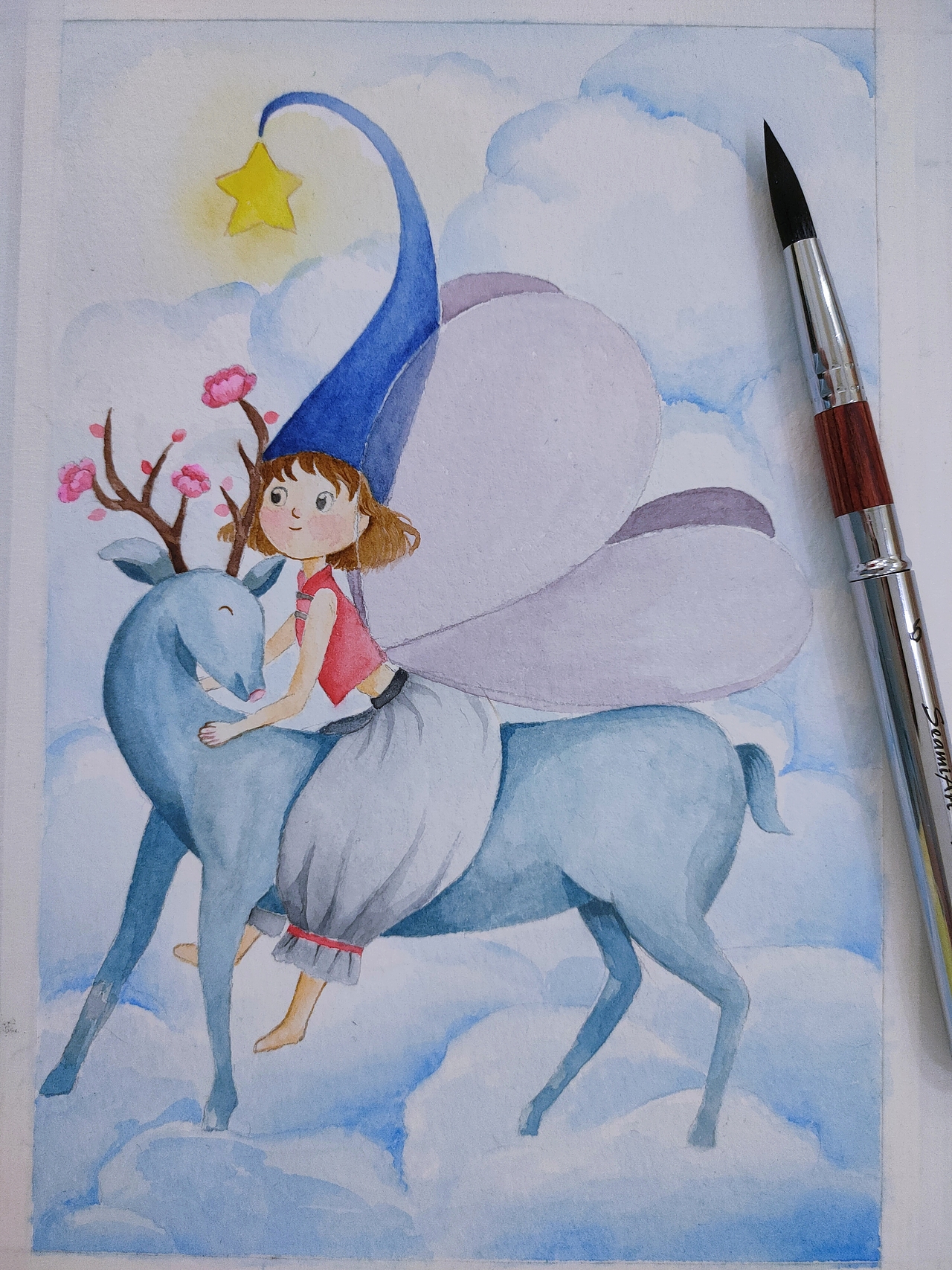 原创水彩插画|漫步云端