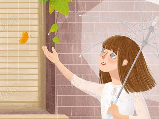 春季雨水少女和猫唯美插画
