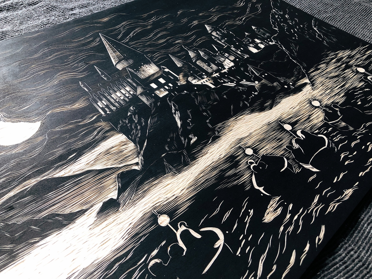 手工雕刻哈利波特·霍格沃茨黑白木板画|纯艺术|绘画|wuhaiting