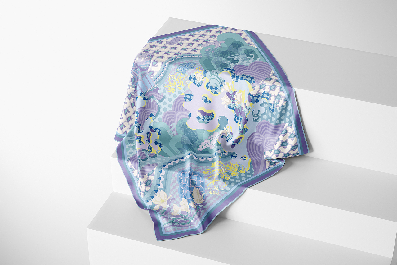 《水云涧》国风丝巾插画设计