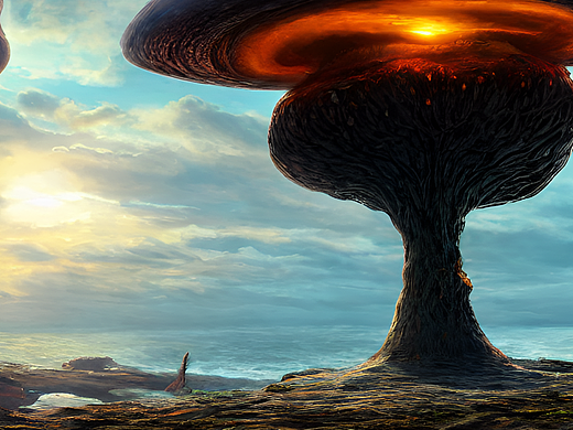 #站酷梦笔#夕阳下 悬崖 破损外星战舰 巨大蘑菇生物