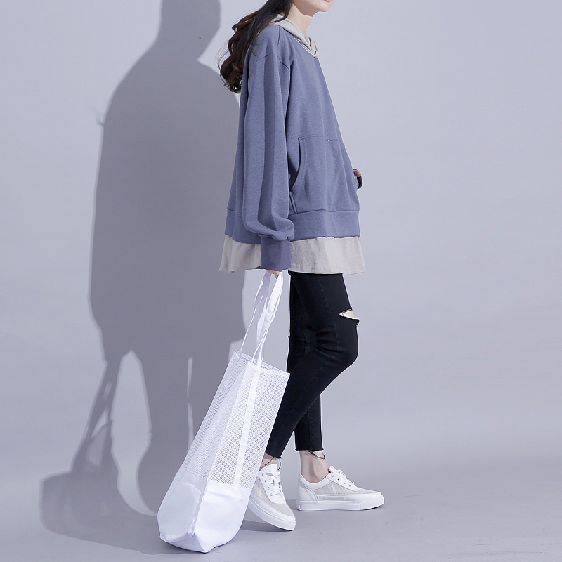 港风秋季拼接假两件卫衣