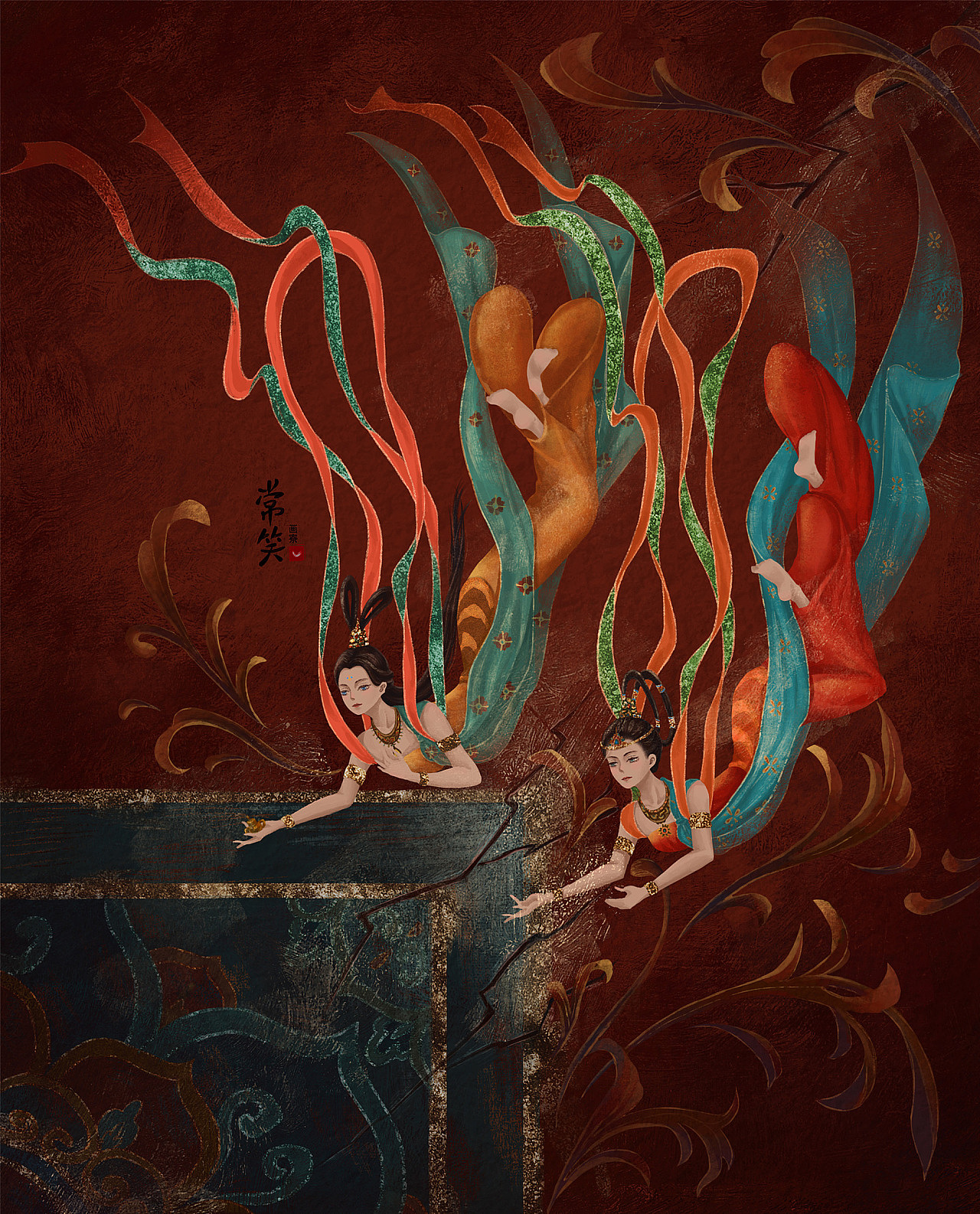 【质感古风】敦煌壁画:双飞天|插画|商业插画|插画师常笑_原创作品