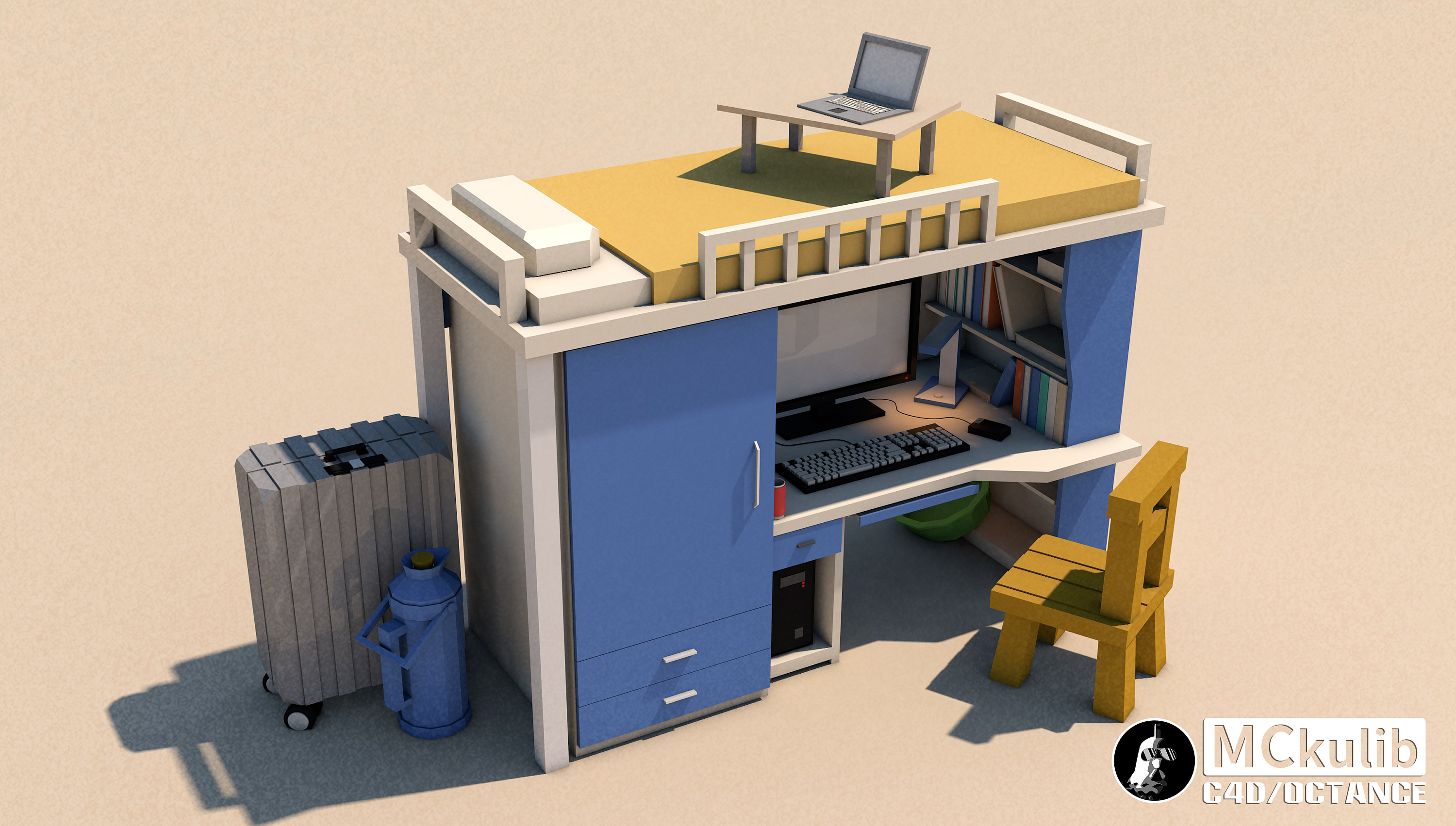 [c4d]如何制作lowpoly风格的大学寝室|三维|场景|mc苦力博 - 原创作品