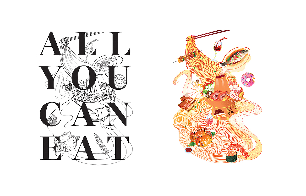 配合文字的草图和上色未带字母插图，后期绘画的时候排版有变动