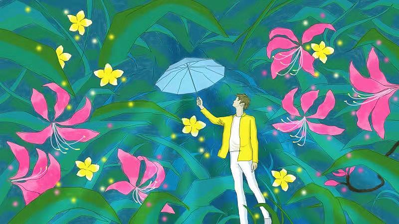 花海中举伞的男孩