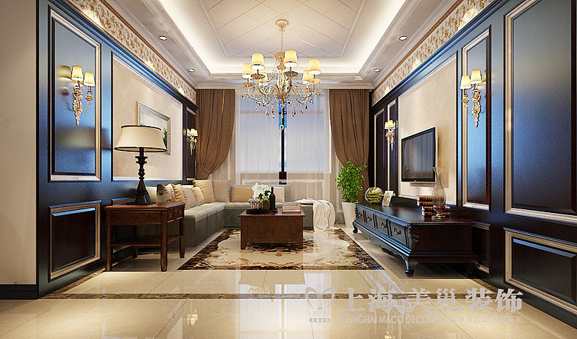 金沙湖高尔夫官邸89平两室一厅新古典装修效果图——客厅布局
