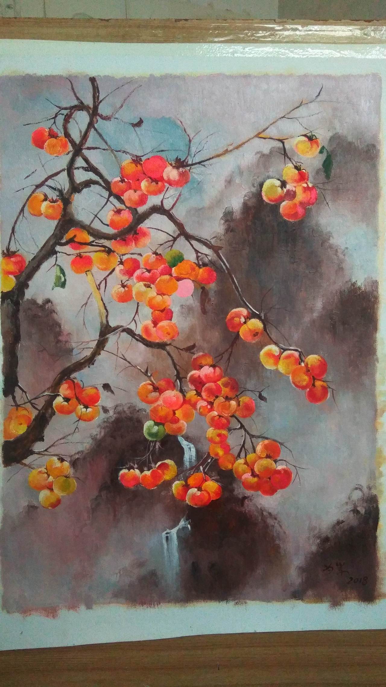 柿子事事如意早寒油画作品