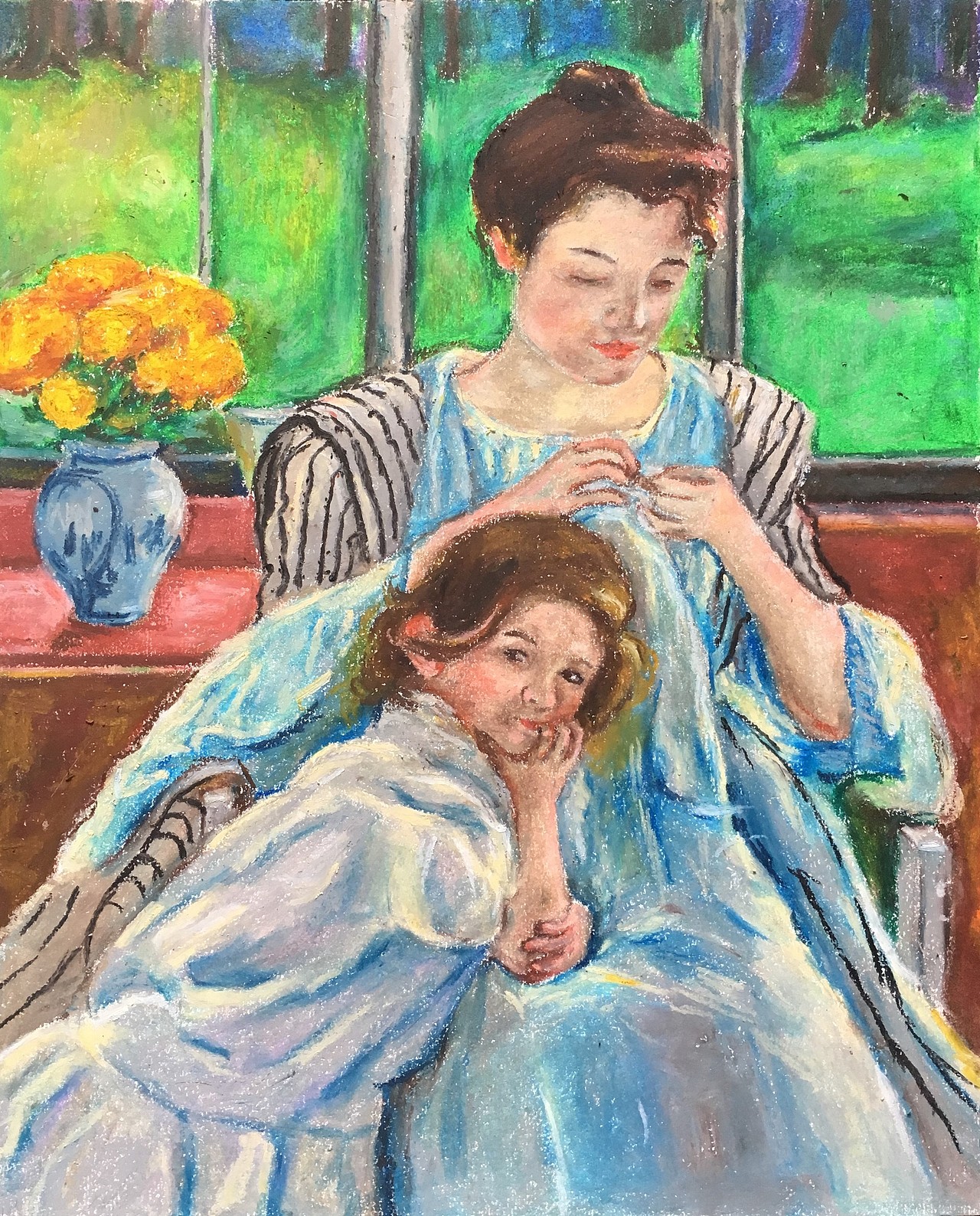 油画棒练习分享之玛丽卡萨特在缝纫的年轻母亲