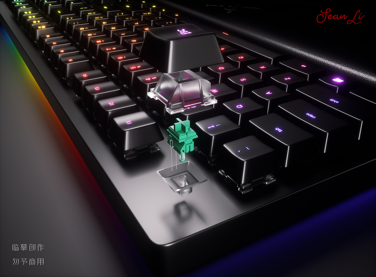 C4D机械键盘建模渲染+机械轴详图+皮料质感图