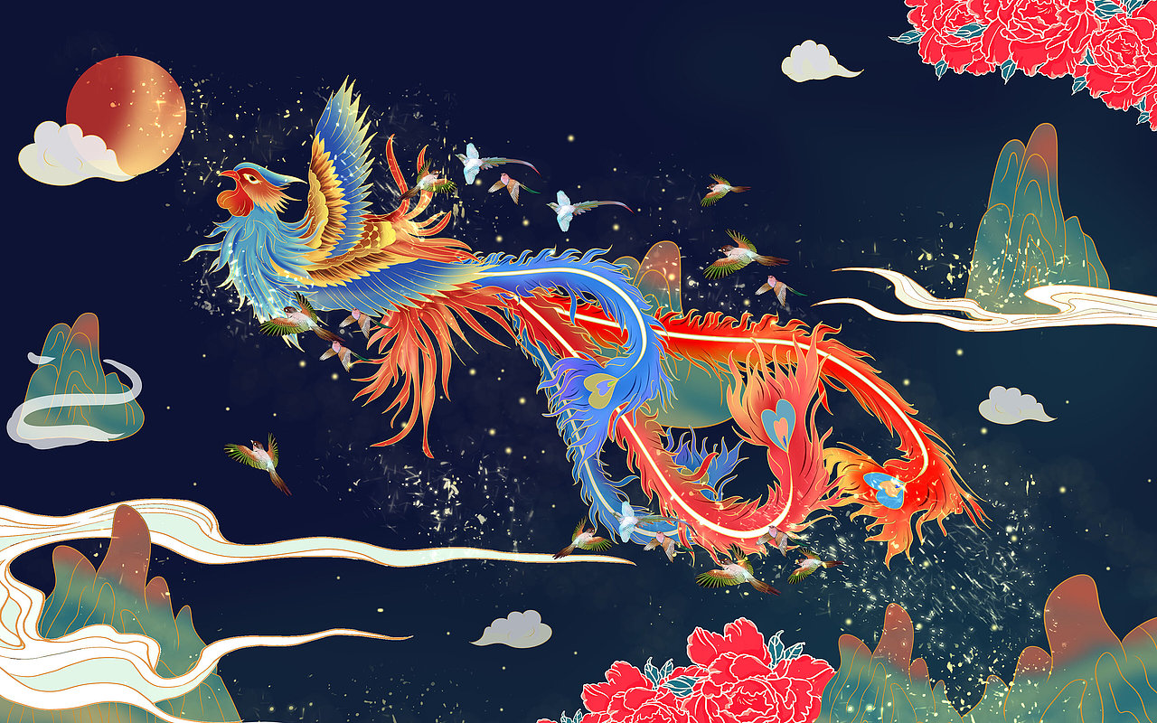 白鸟朝凤凤凰国潮插画