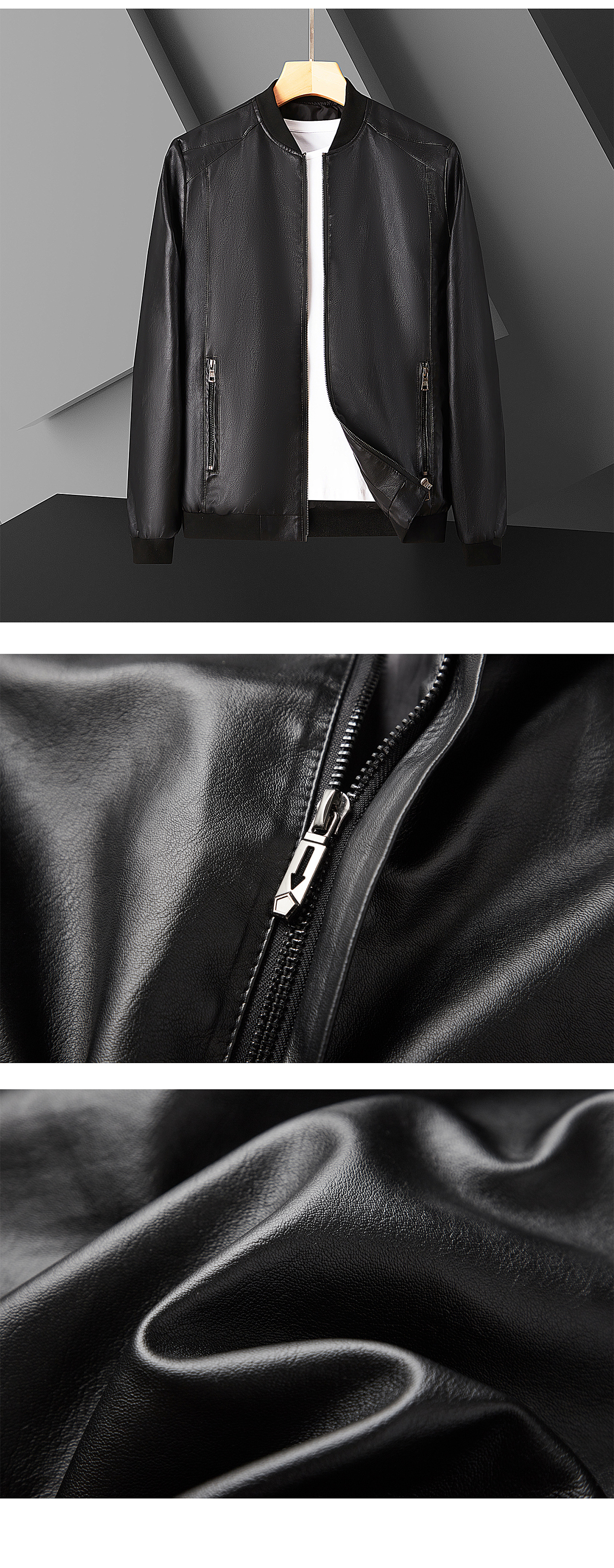 男装皮衣平铺挂拍摄影 服装产品拍摄 细节图摆拍主图