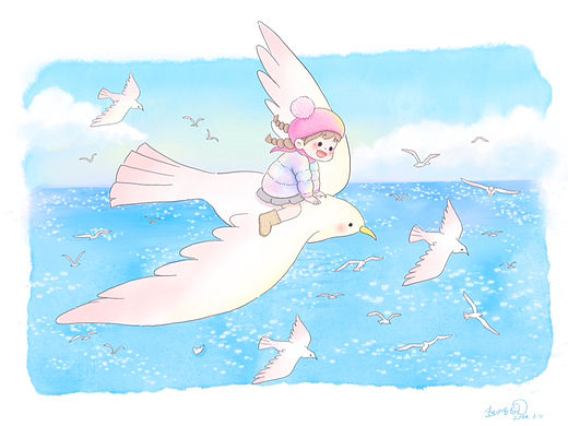 治愈系插画|和女儿的日常|看海鸥