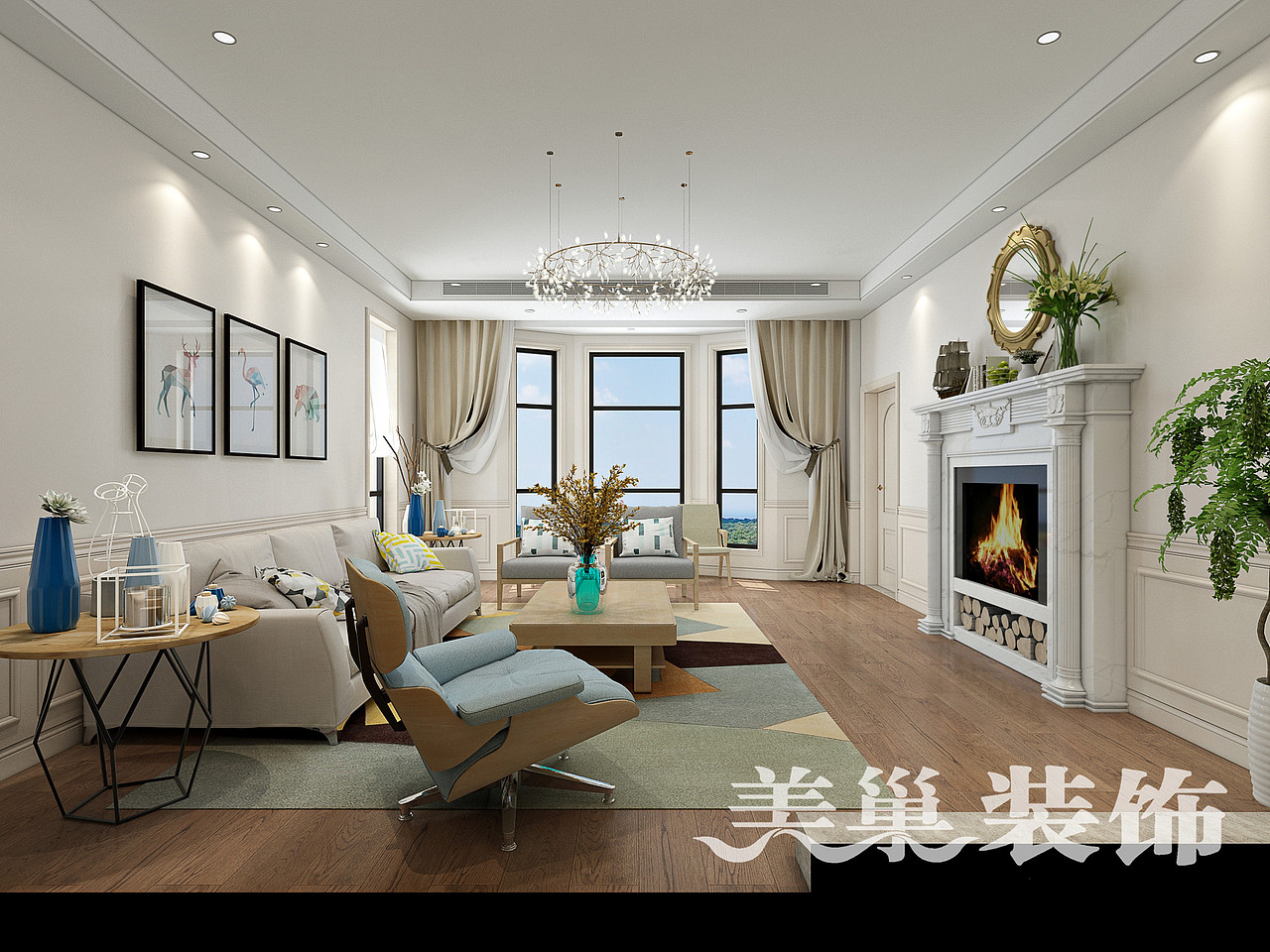 怡丰森林湖别墅装修案例北欧风格效果图——客厅全景