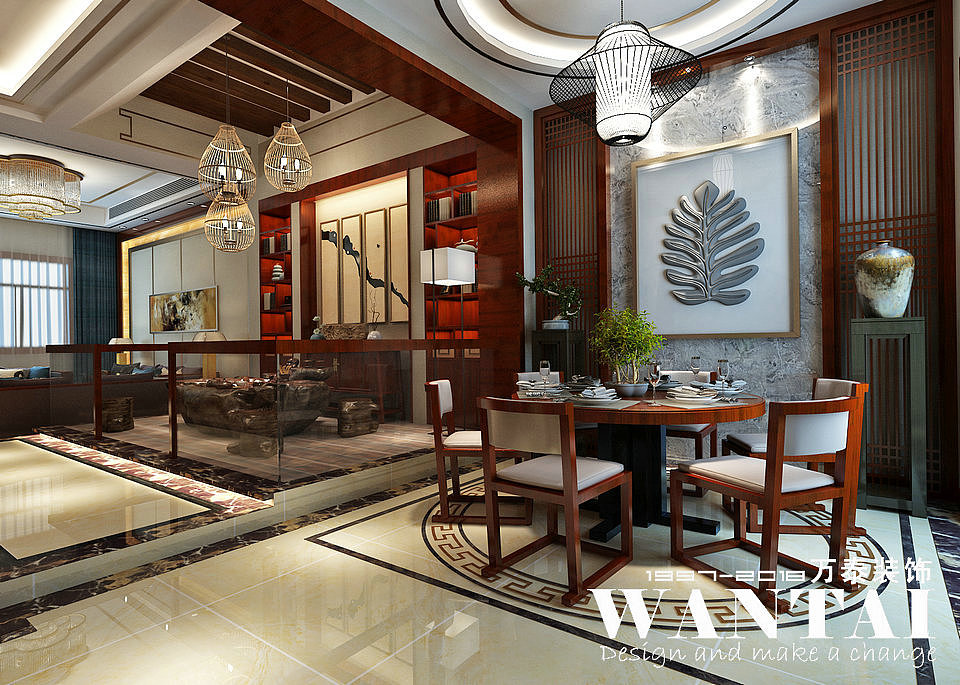 泰安别墅装修 | 五矿·万境水岸206m² 新中式装修效果图（图ZMTM1MjMwOTg0） - 家装设计 - 站酷设计师万小泰原创素材 - 站酷ZCOOL