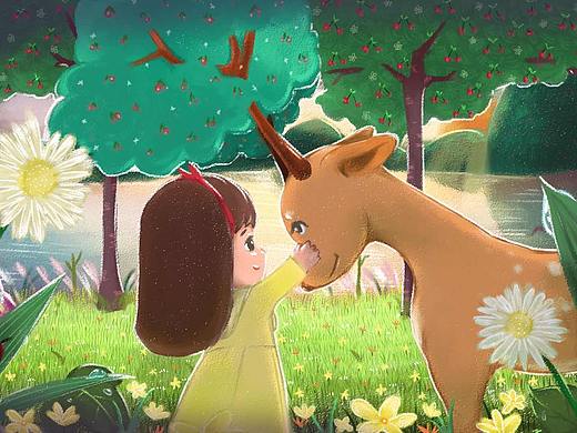 女孩在树林中与头长樱桃树的鹿邂逅