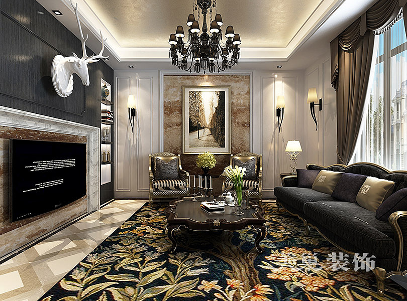 英伦庄园装修效果图400平别墅案例——客厅全景布局