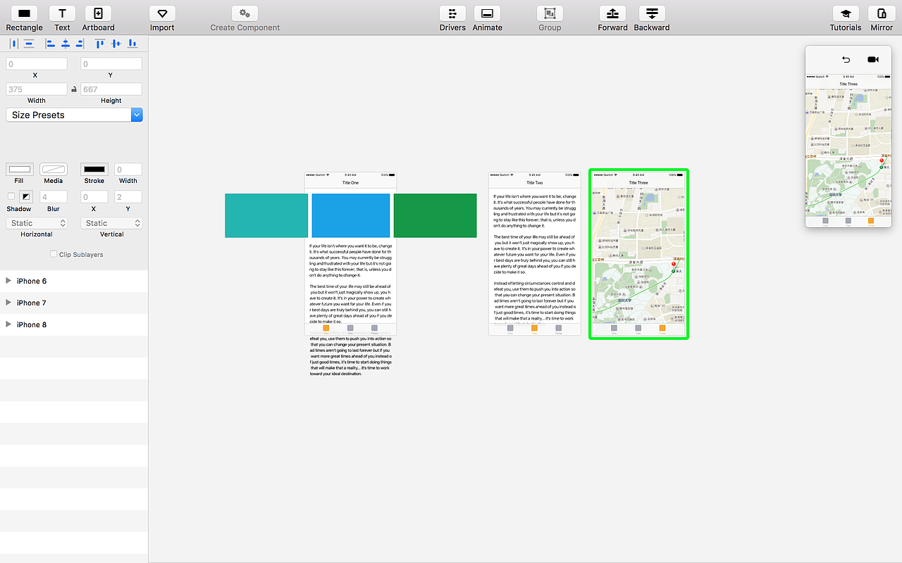 导入成功后有个细节可以注意一下,就是sketch里3个Artboards命名都是iPhone 6,到了Principle里命名按照顺序自动变为了iPhone 6、7、8。