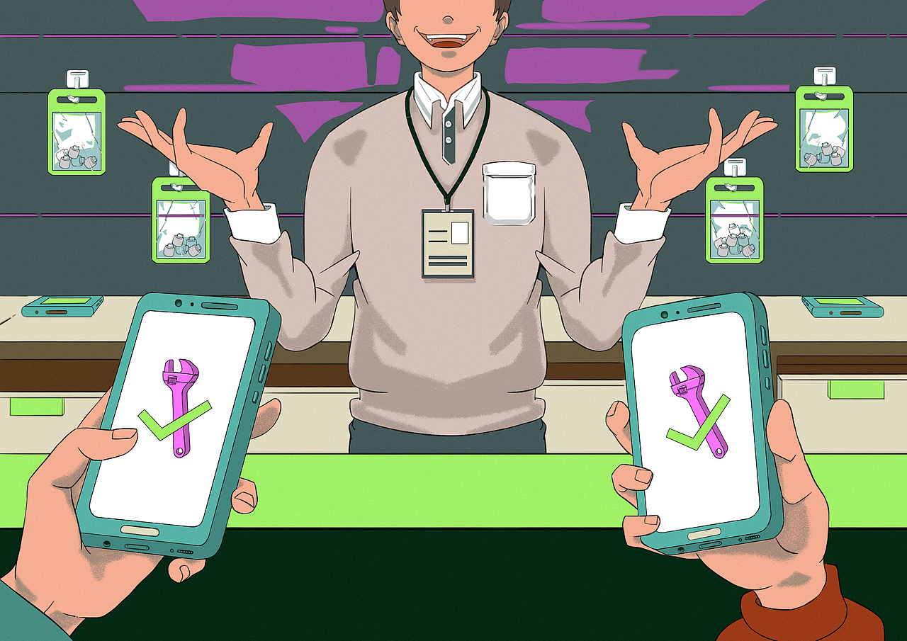 来到店里,店员把修好的手机交给他们。