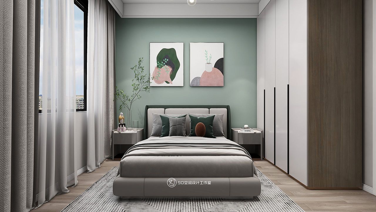 不经意间便是温柔流露的抹茶绿背景墙,为卧室覆上一层简约质朴的色彩,留白处以绿植、工艺品呼应,再搭配两幅插画作为装饰,其细腻肌理之处也是文艺浪漫的呈现。