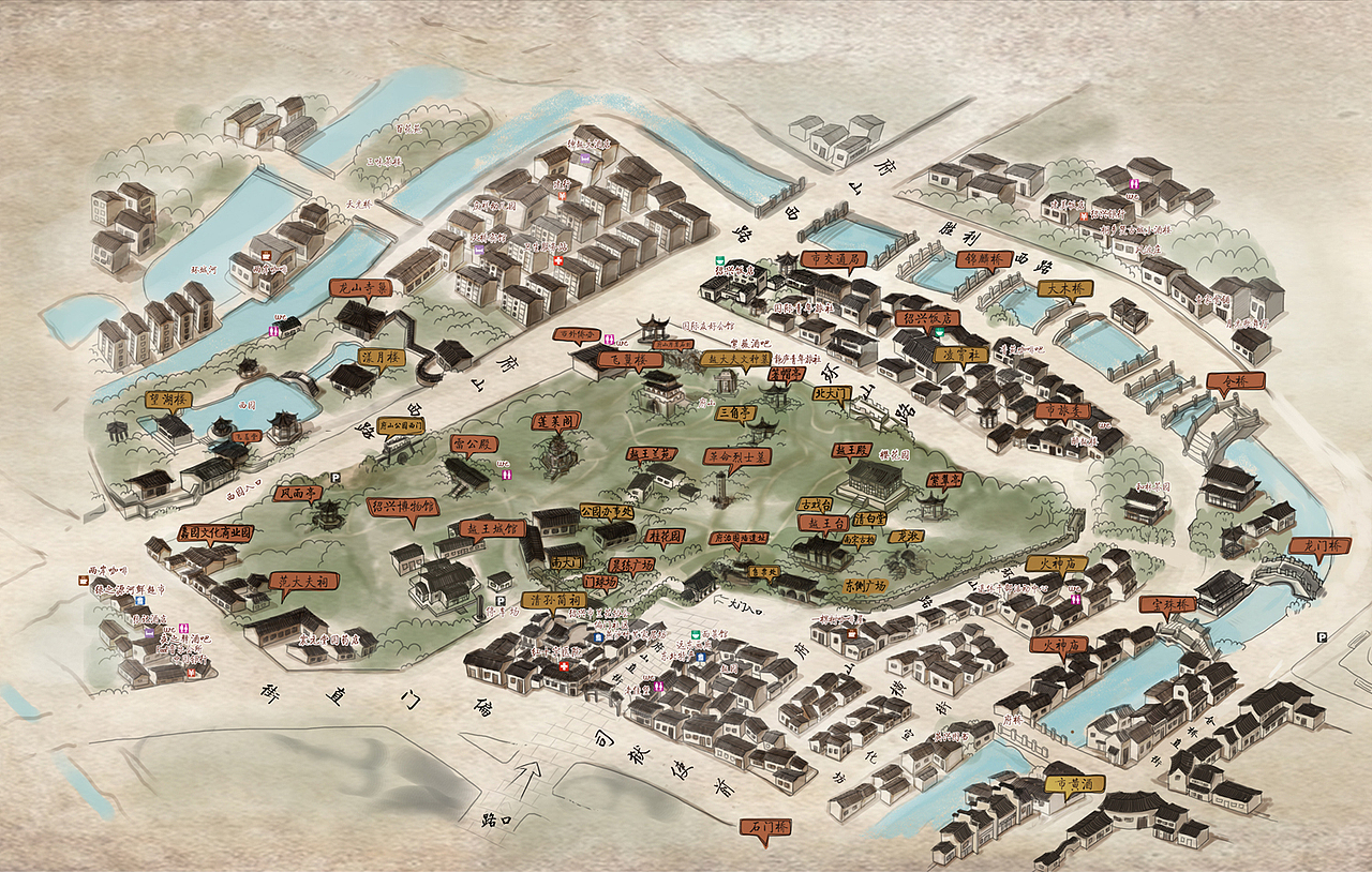 越子城历史街区 绍兴景区 手绘地图 数码插画 商业插画 浙江景区