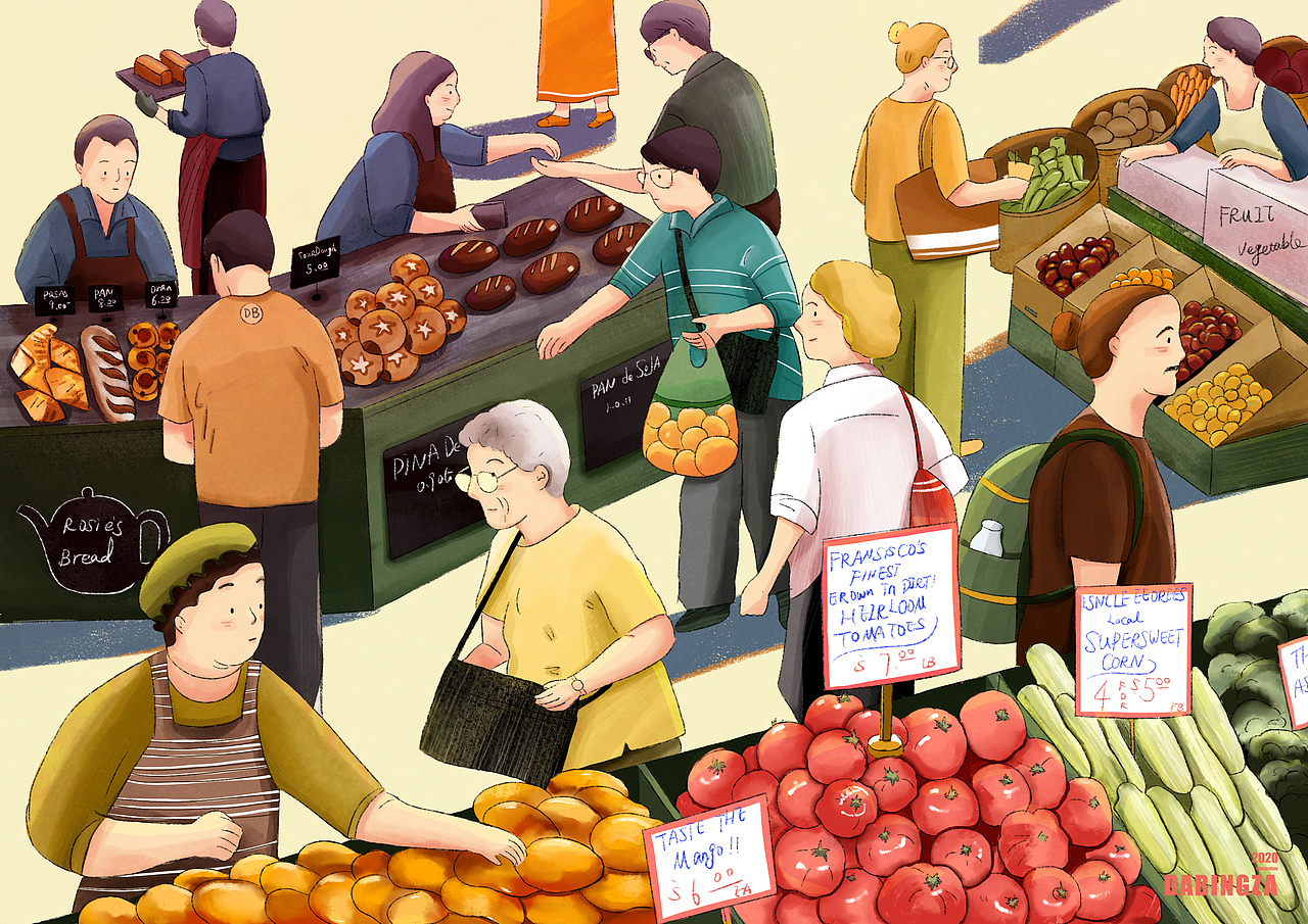 小镇居民的第一张,很多很多的人是我一直在画的主题,总是认为人物可以传递情绪和故事,可以传递我心目中的美好。画了很多集市上的新鲜蔬菜水果,画风在原先基础上第一次改变,尝试勾了细细的线和塑造体积。