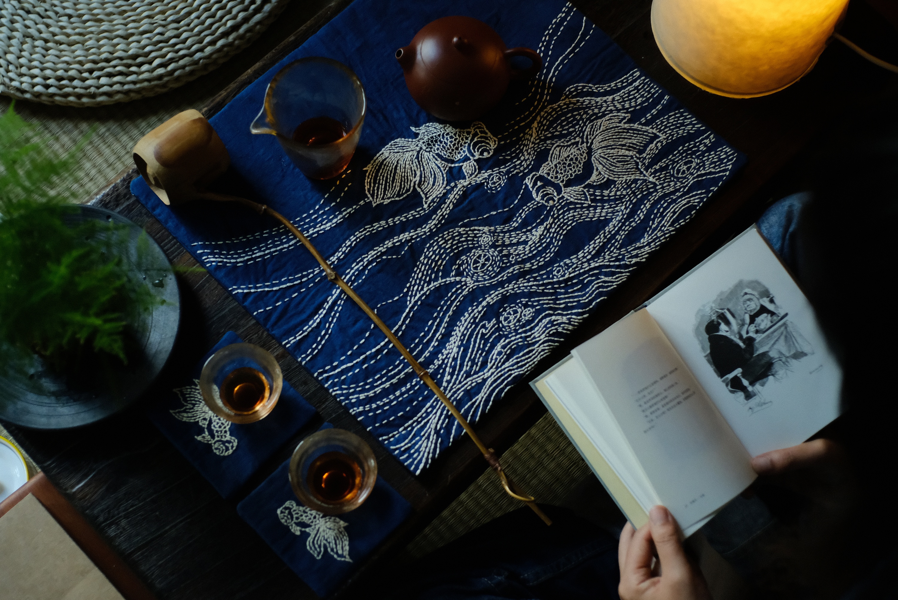 刺绣刺子绣植物蓝染手工茶垫茶席这款名为金玉满堂