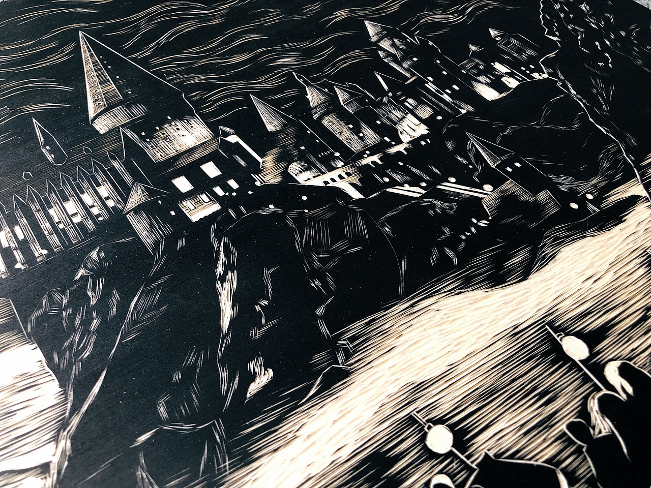 手工雕刻哈利波特霍格沃茨黑白木板画