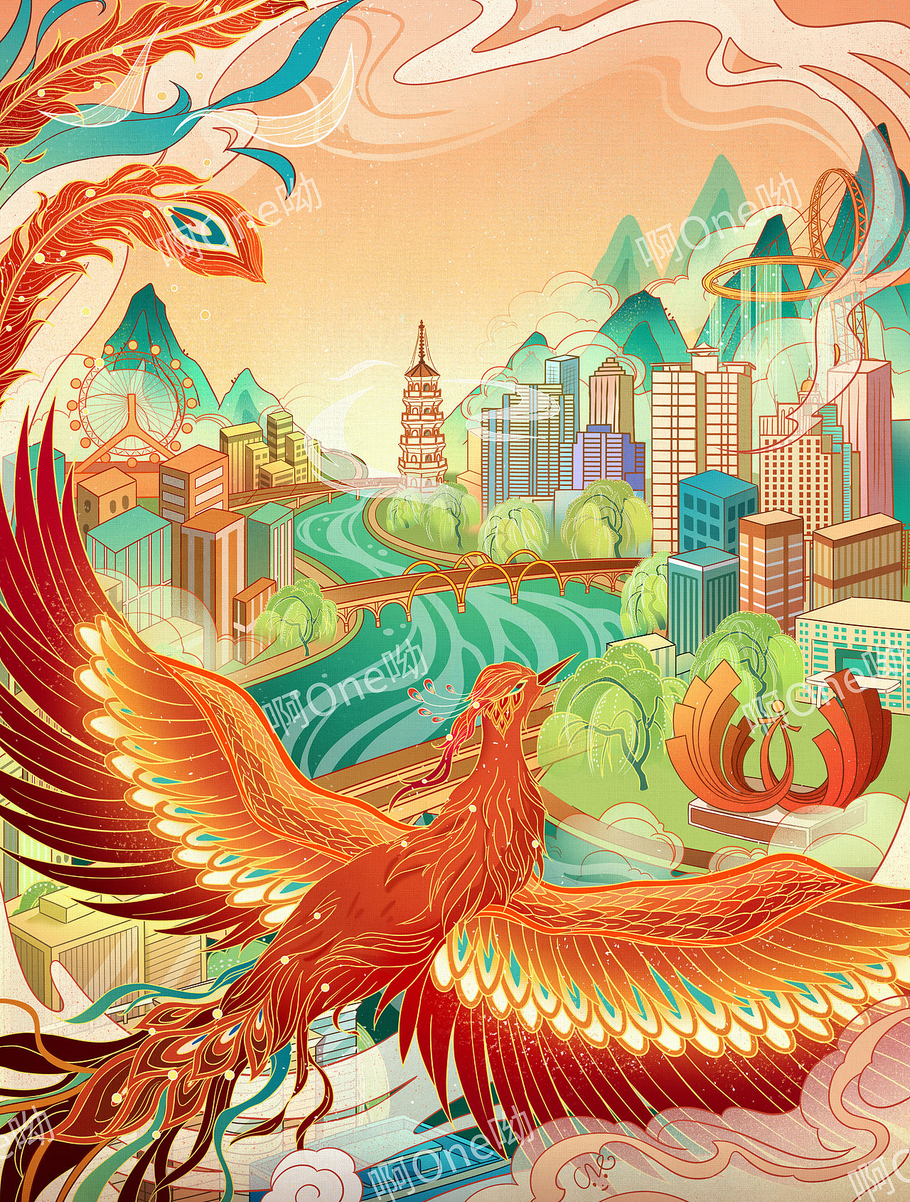 【原创】手绘清远城市插画（图ZMjczMDU3NDg0） - 创作习作 - 站酷设计师啊one哟原创素材 - 站酷ZCOOL