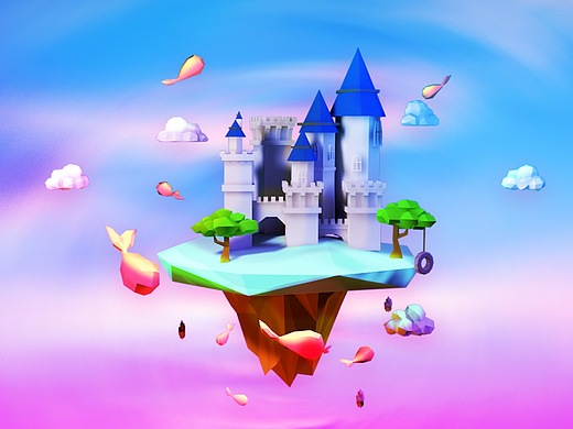 c4d低模浮空小岛 c4d上色渲染 ps修图