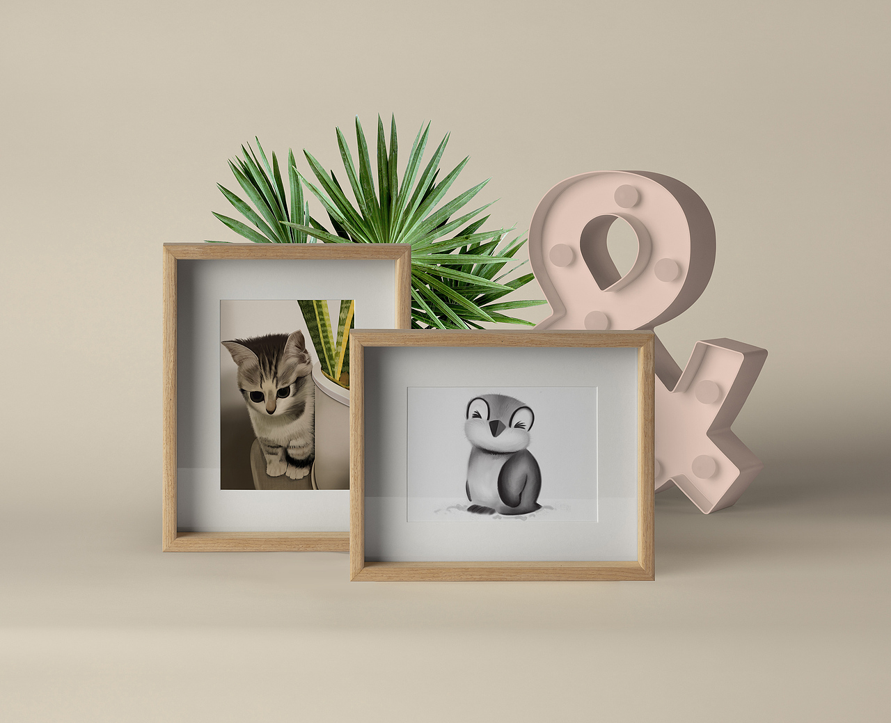 写实风插画-猫、企鹅