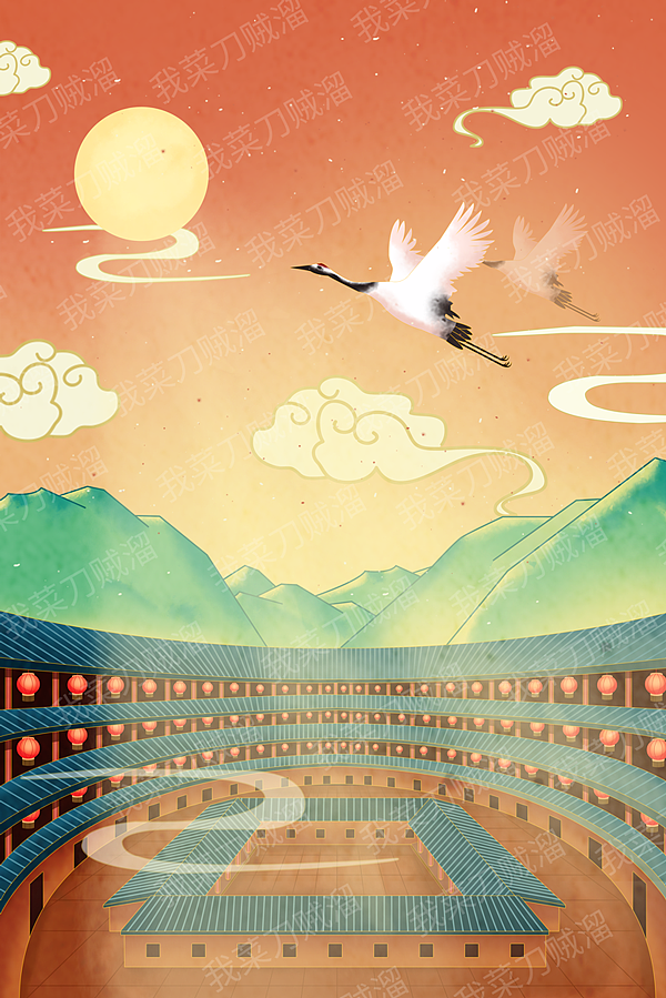 新式宫廷工笔风客家围屋|插画|商业插画|我菜刀贼溜_原创作品-站酷