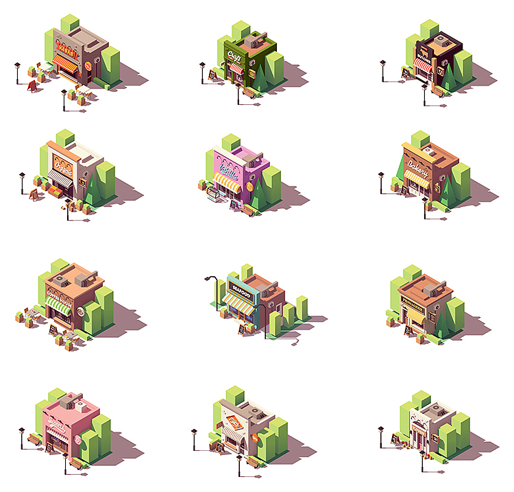 2.5d立体AI游戏城市街景商店模型交通建筑矢量UI设计