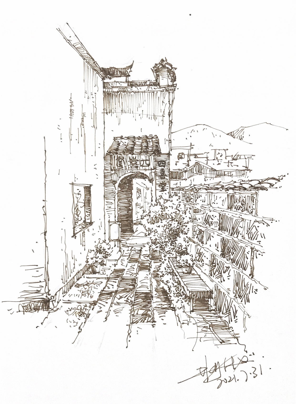 古城街道,钢笔速写.