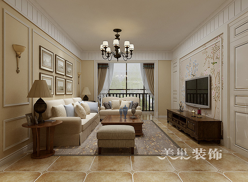 南阳财富大厦132平装修美式风格三居室效果图——客厅全景