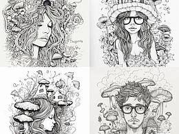 線描插畫，人像創(chuàng)意線描插畫，黑白線稿