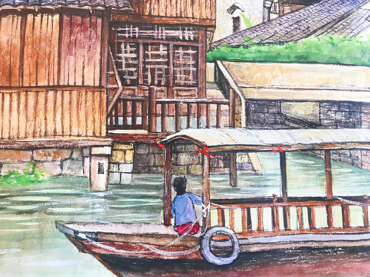 水彩 古镇 水乡