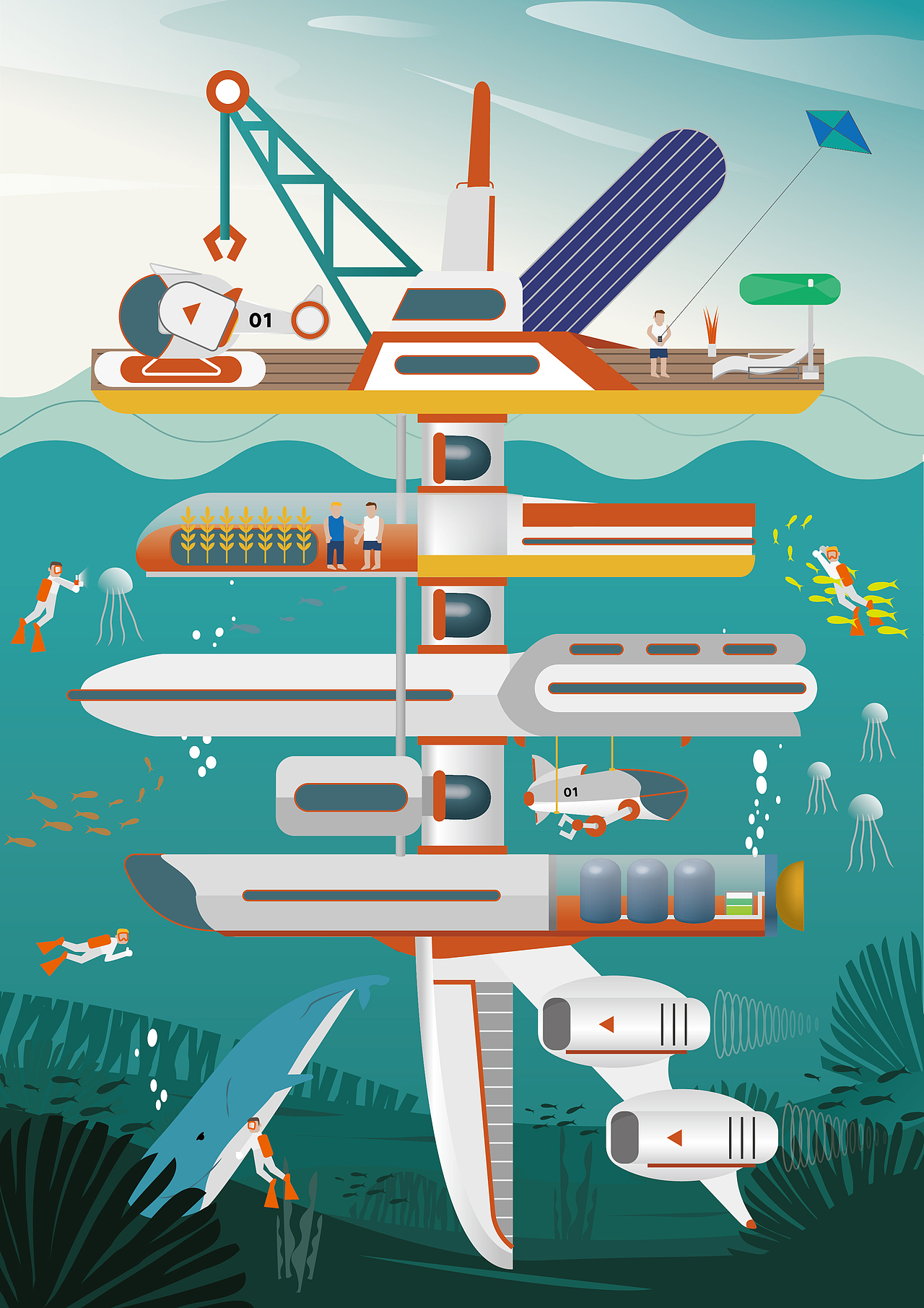 人们与海洋生物一起玩耍,和谐相处~原创作品插画创作习作海报未来绿色