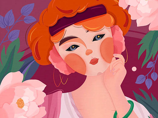 插画-名画少女与花