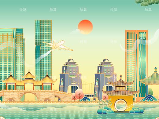 江苏扬州城市地标建筑插画