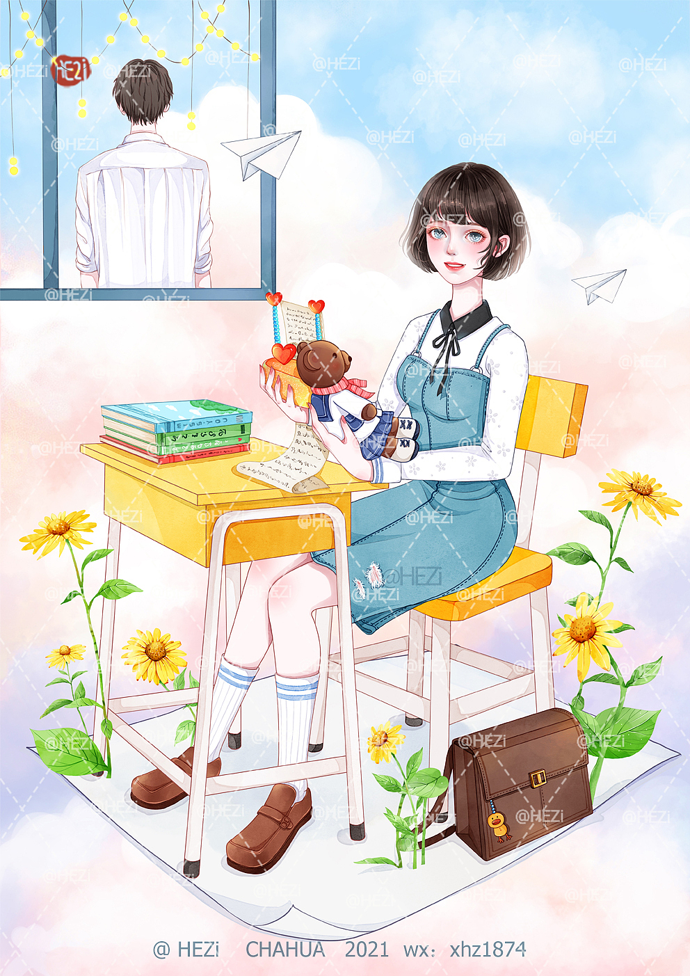 为你传递情书(少女水彩插画)
