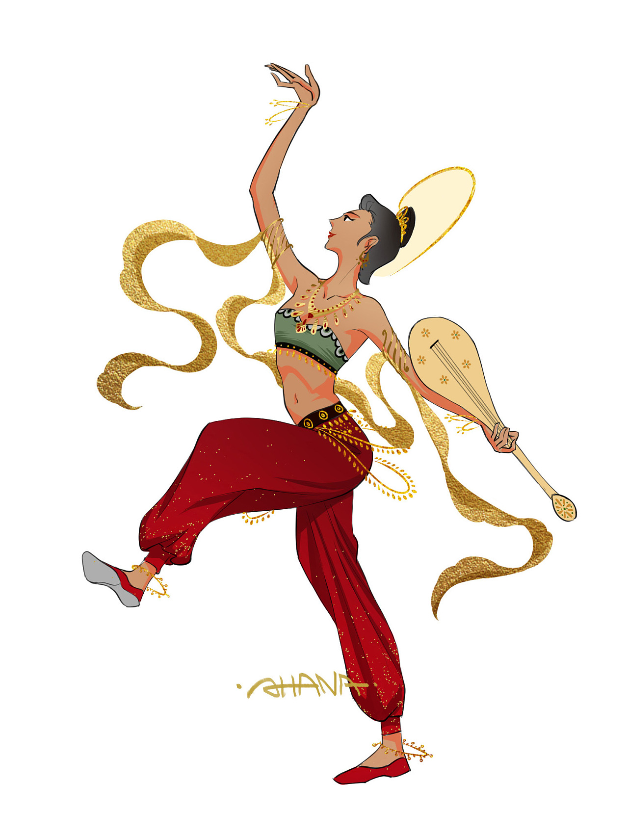 敦煌舞蹈《反弹琵琶》|插画|创作习作|烟花乱 - 原创作品 - 站酷