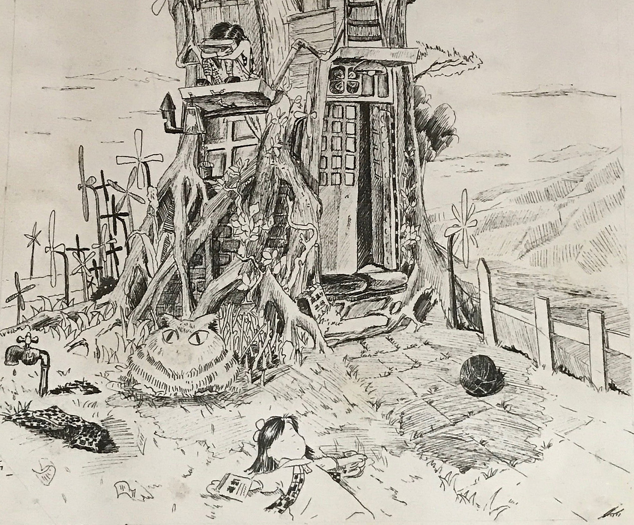 从小到大的钢笔画树屋系列