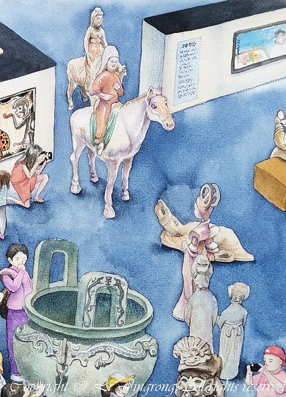 博物馆想象插画,展品活了,我们和俑一起玩