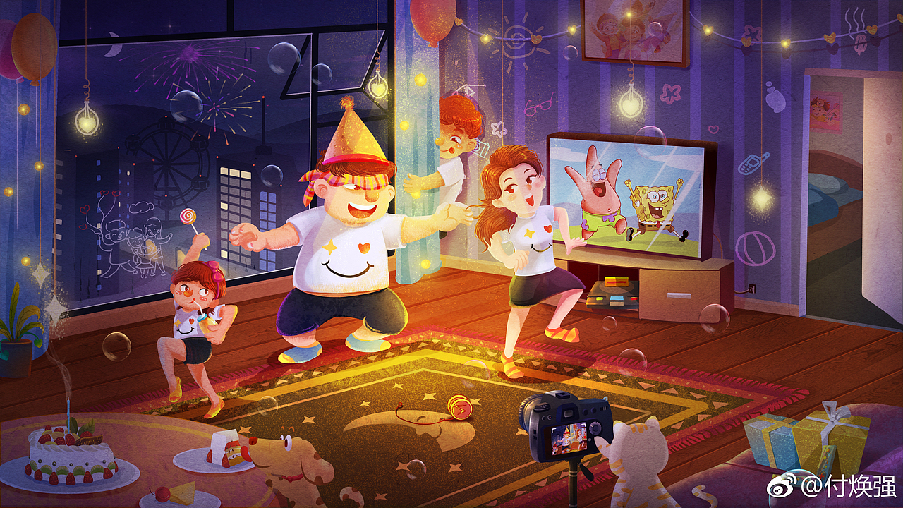 第三幅是以父亲的生日为主题,吹完蜡烛后,开始完捉迷藏