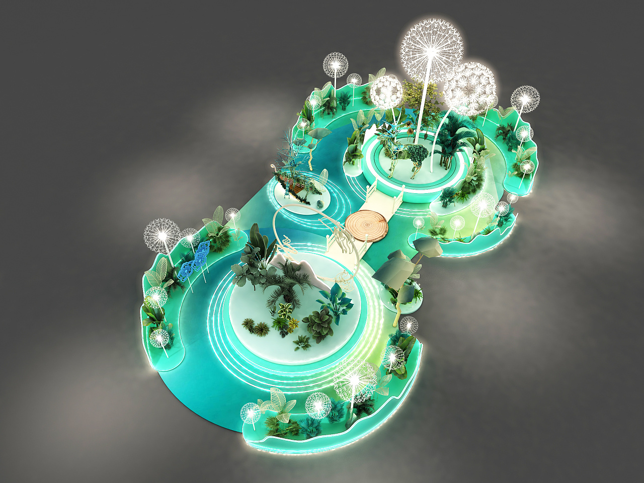 3d效果图绿色森林美陈拍照打卡区设计