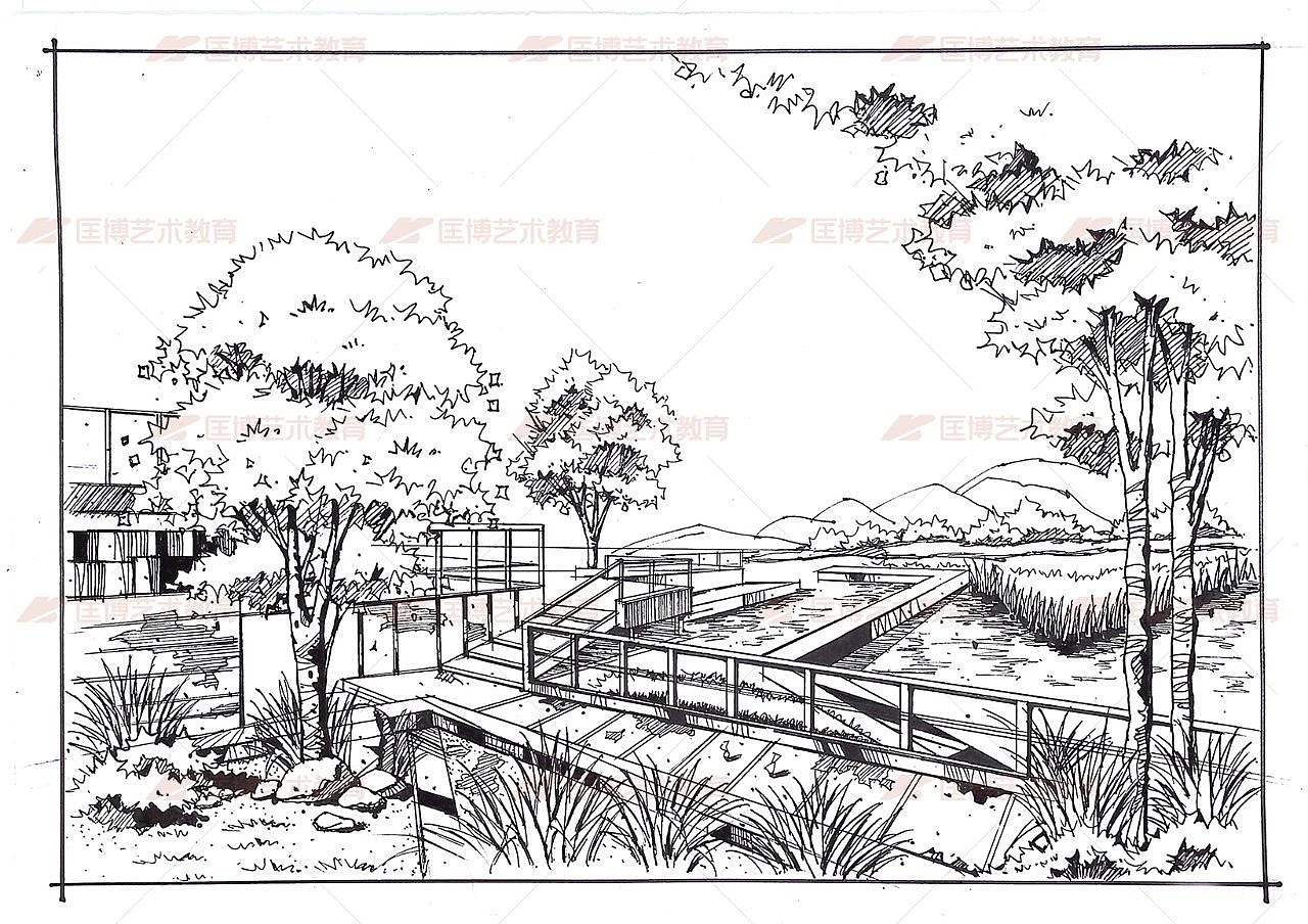景观园林线稿效果图-考研手绘