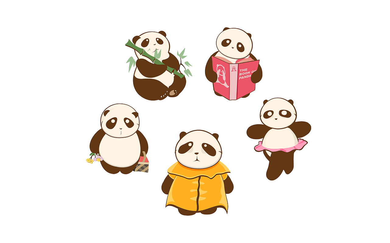5只熊猫吉祥物+各配插画【扁平化】