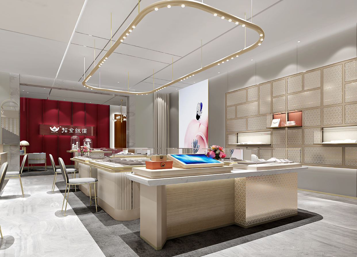 高端黄金珠宝店面设计效果图 轻奢时尚珠宝展柜设计
